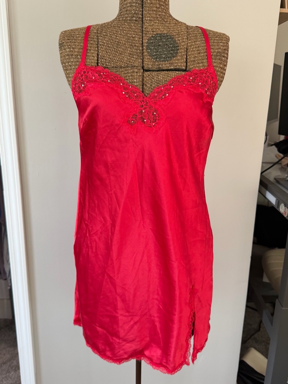VTG Victoria's Secret Red Satin Rhinestoned Lace-Trim Camisole Slip, S